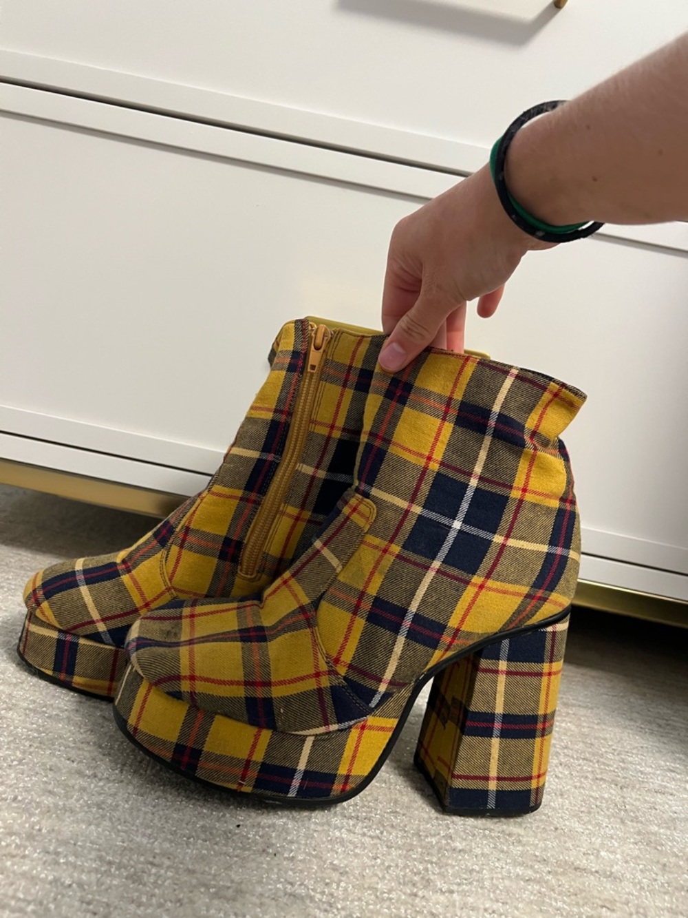 Yellow Plaid Platform Ankle Boots